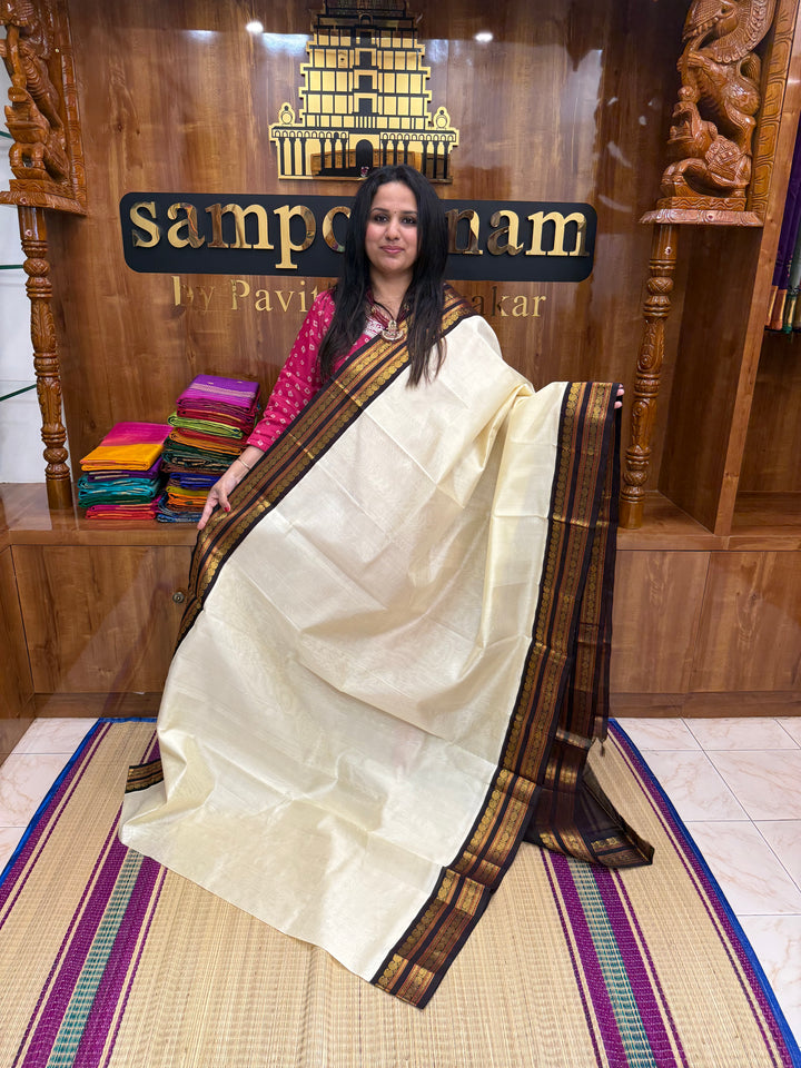 Offwhite with Brown  , Rettapet borders and Rich Pallu Korvai Silk Cotton Saree