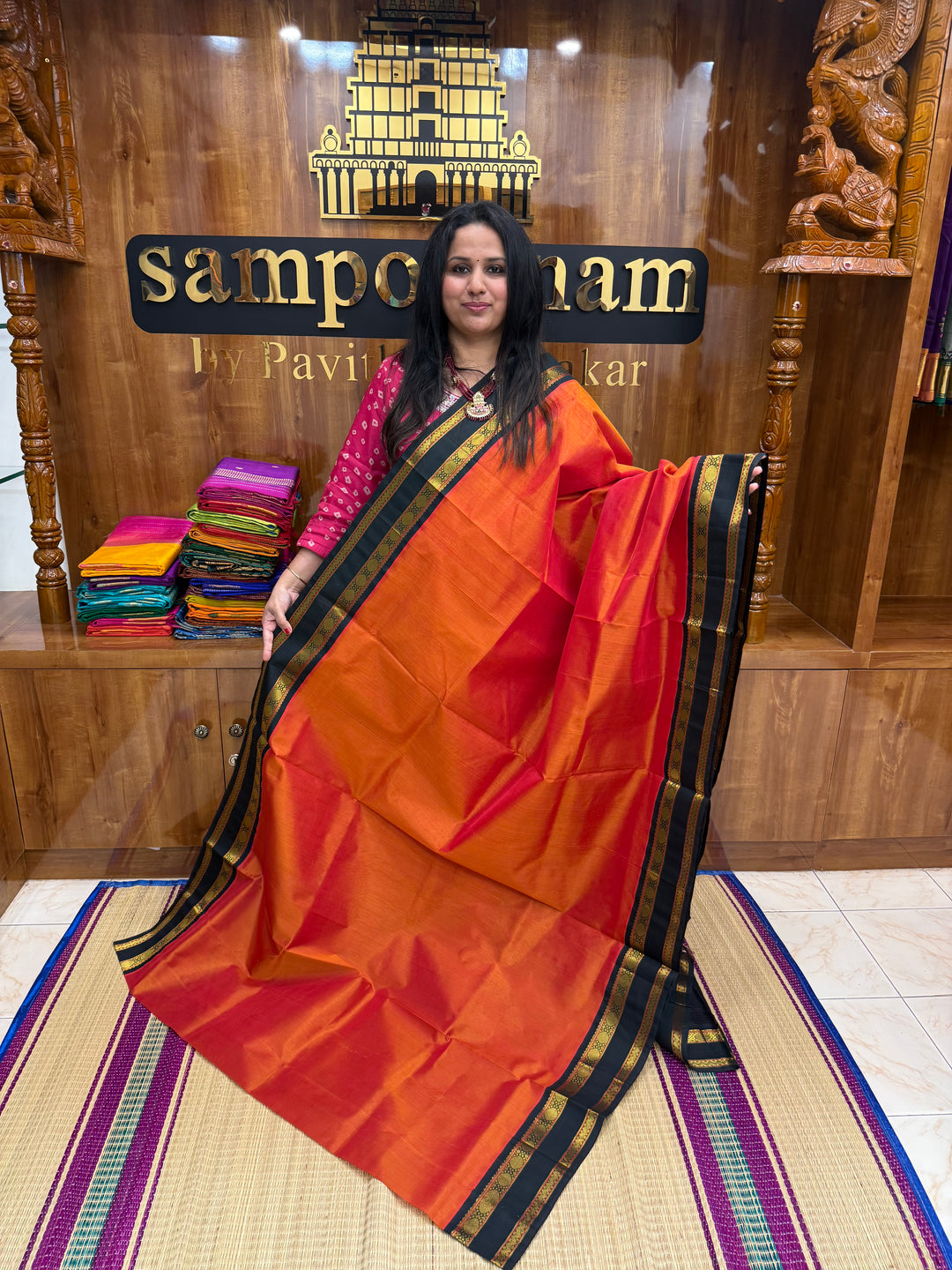Rustic Orange with Dark Green  , Rettapet borders and Rich Pallu Korvai Silk Cotton Saree