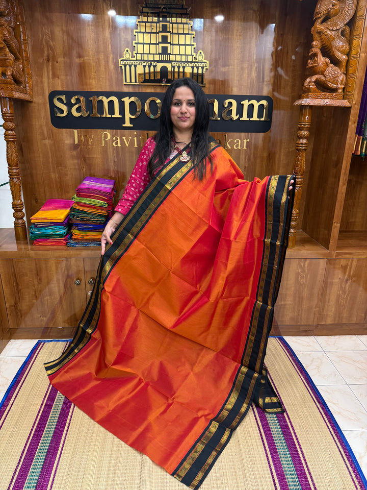 Rustic Orange with Dark Green  , Rettapet borders and Rich Pallu Korvai Silk Cotton Saree