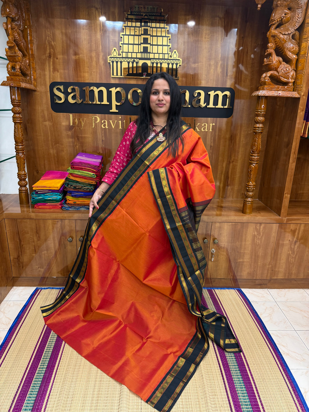 Rustic Orange with Dark Green  , Rettapet borders and Rich Pallu Korvai Silk Cotton Saree