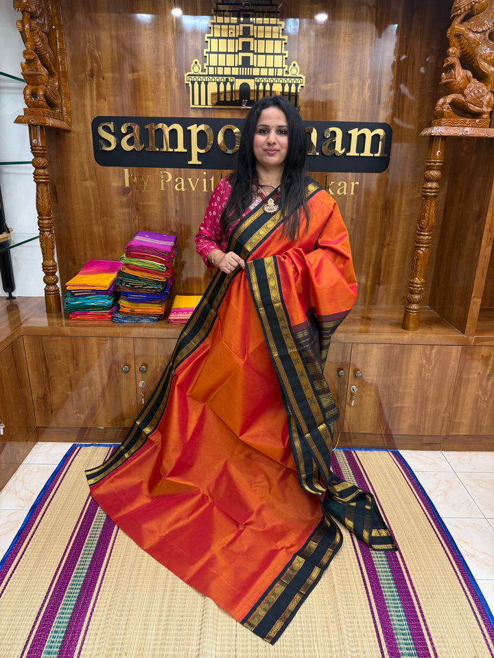 Rustic Orange with Dark Green  , Rettapet borders and Rich Pallu Korvai Silk Cotton Saree