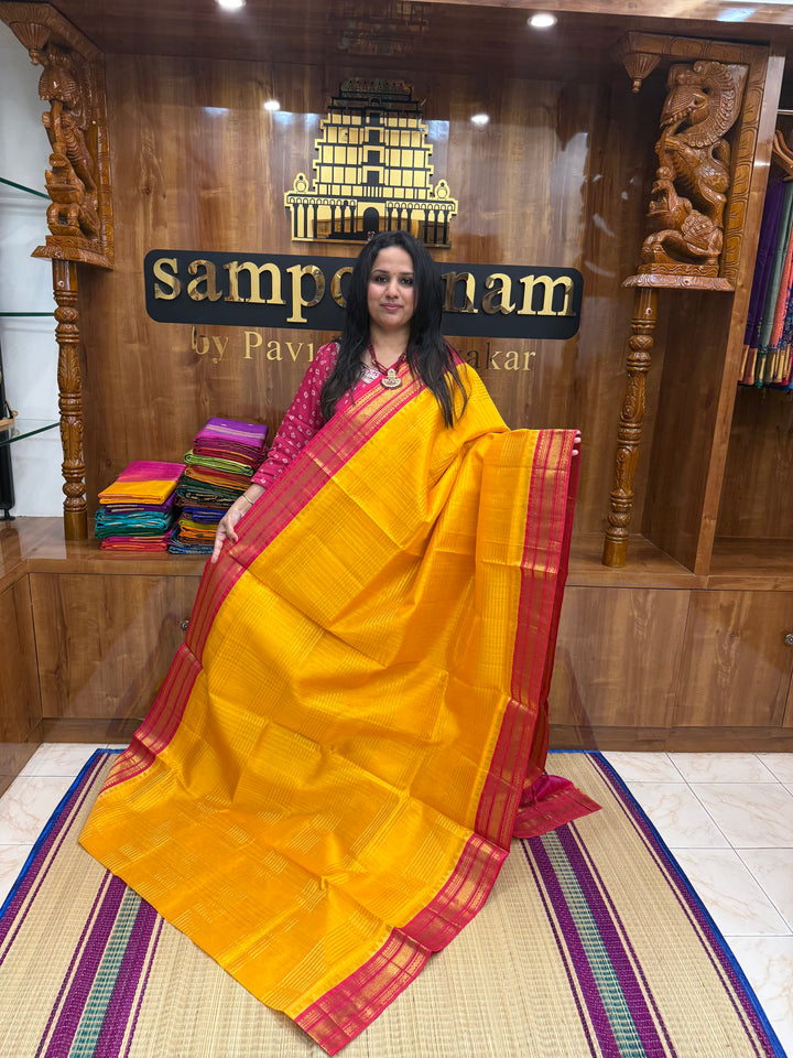 Mambazha Manjal with Pink , rich Zari Muthu Kattam  in the body , traditional borders and rich Pallu Korvai Silk Cotton Saree
