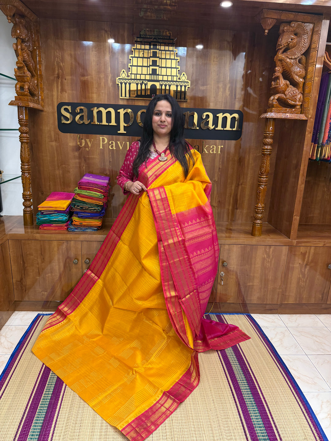Mambazha Manjal with Pink , rich Zari Muthu Kattam  in the body , traditional borders and rich Pallu Korvai Silk Cotton Saree
