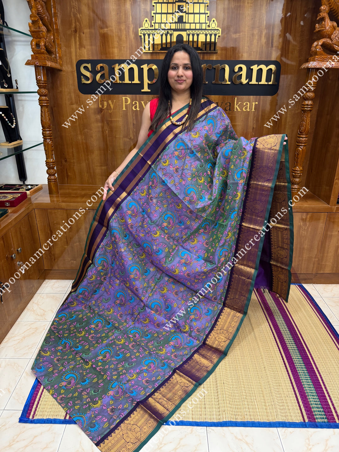 Double Shaded Lavender with Purple  , Kalamkari Prints all over the body , Rettapet  Border and Rich Pallu Korvai Silk Cotton Saree