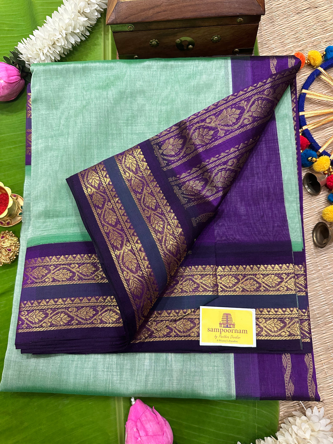 Light Rexona Green with Purple Rich Pallu Korvai Silk Cotton Saree