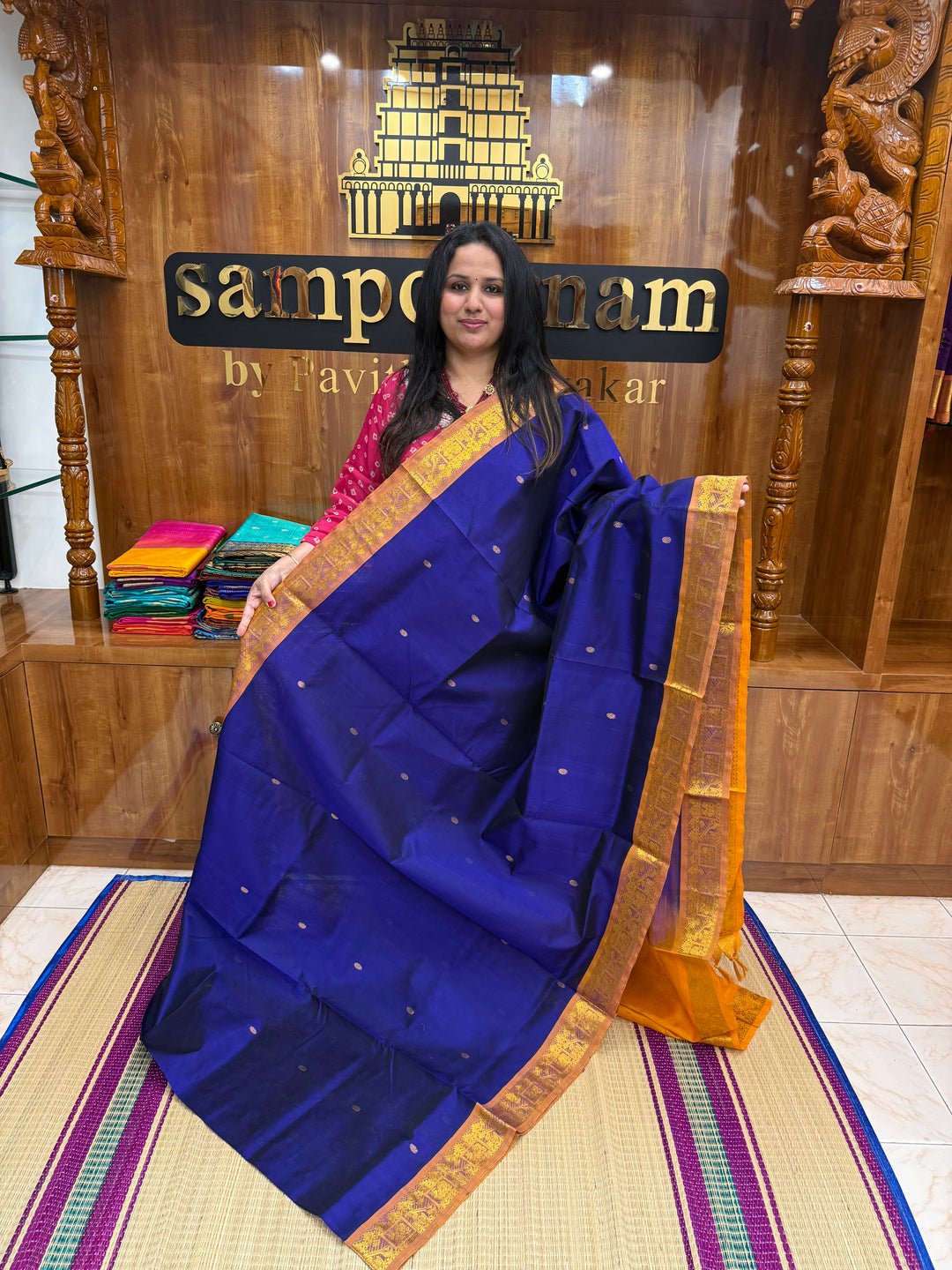 Ms Blue with Mustard , rich Zari butta in the body , Traditional Big Borders and rich Pallu  Silk Cotton Saree