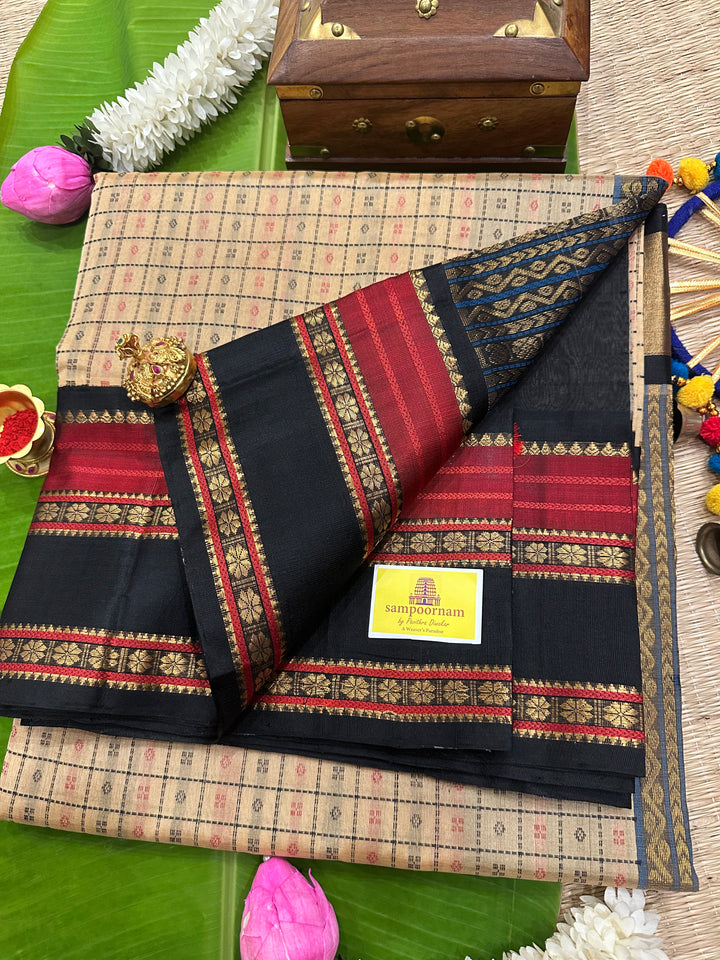 Biscuit Colour with Black Body Lakshadeepam Rich Pallu Korvai Silk Cotton Saree