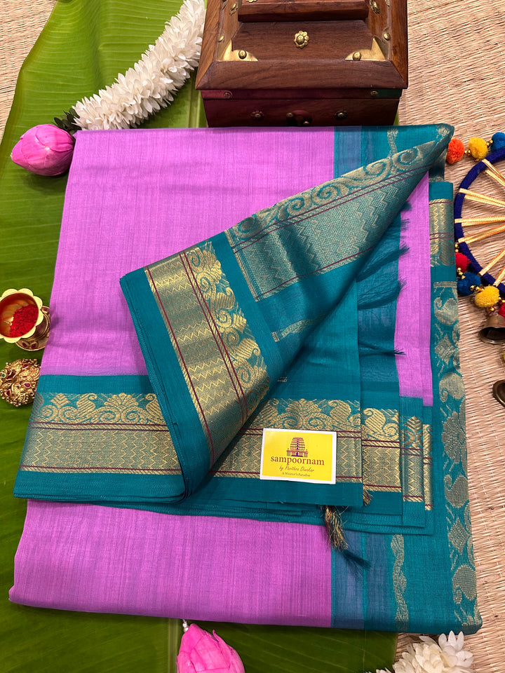 Lavender With Blue Rich Pallu Korvai Silk Cotton Saree