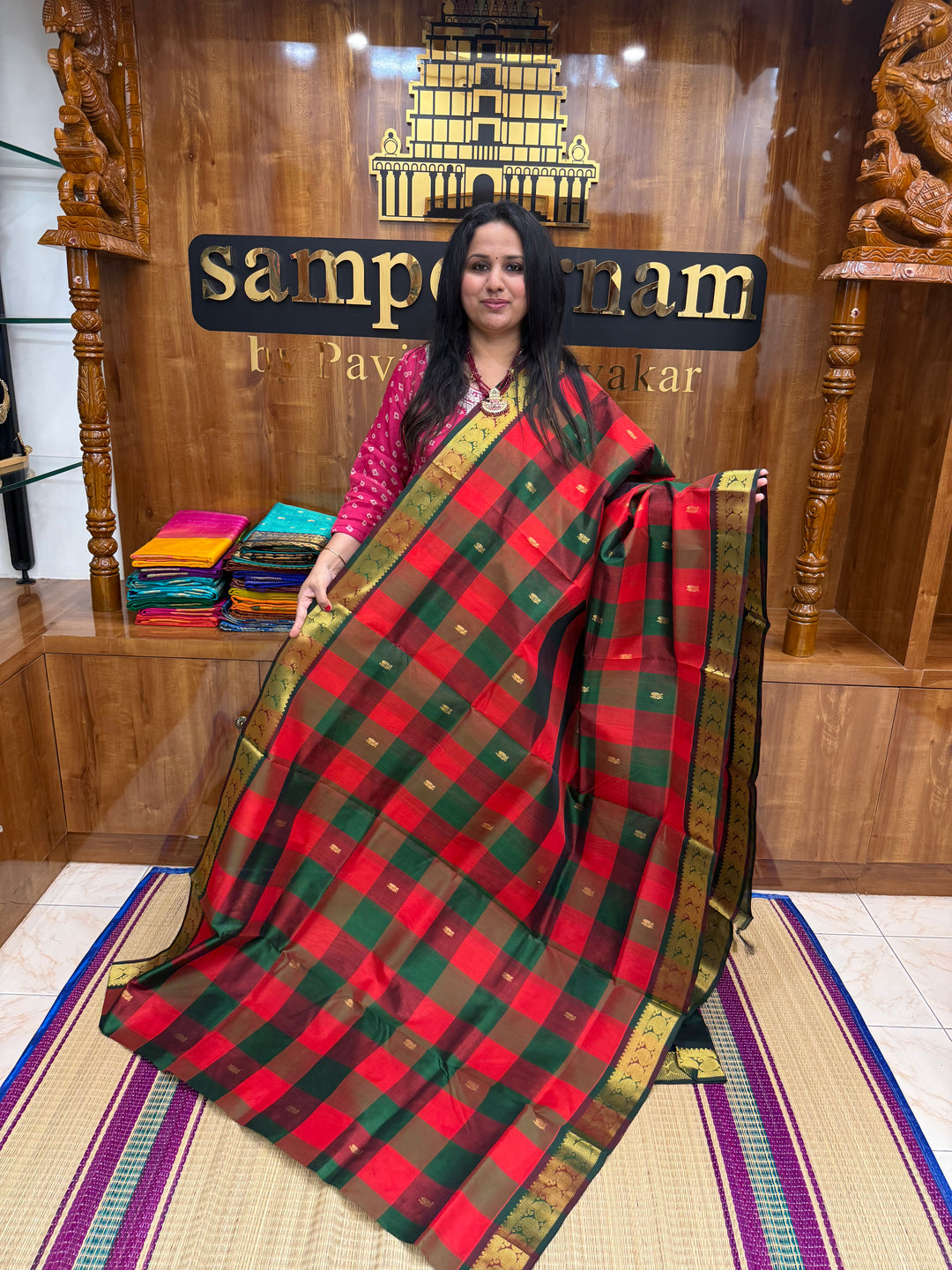 Red , Green , Maroon  with Green , Pallum Pazham checks with rich Mayil butta , traditional borders and  rich Pallu  Silk Cotton Saree