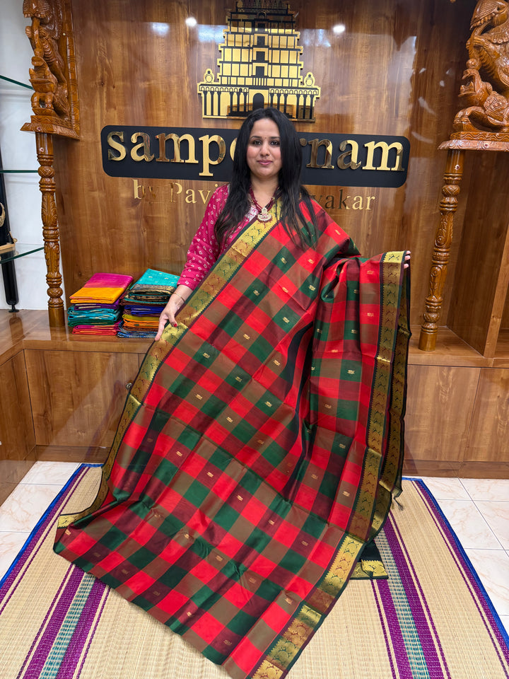 Red , Green , Maroon  with Green , Pallum Pazham checks with rich Mayil butta , traditional borders and  rich Pallu  Silk Cotton Saree