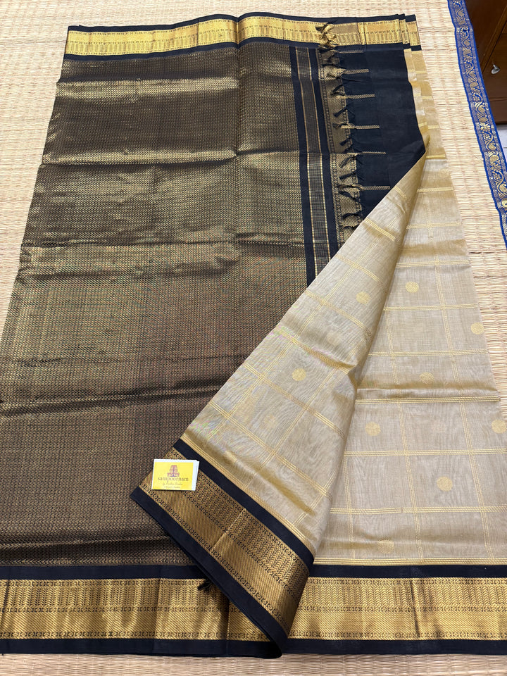 Light Gold with Black Rich Zari Checks with Butta in the Body, Traditional borders and Rich Pallu Korvai Silk Cotton Saree