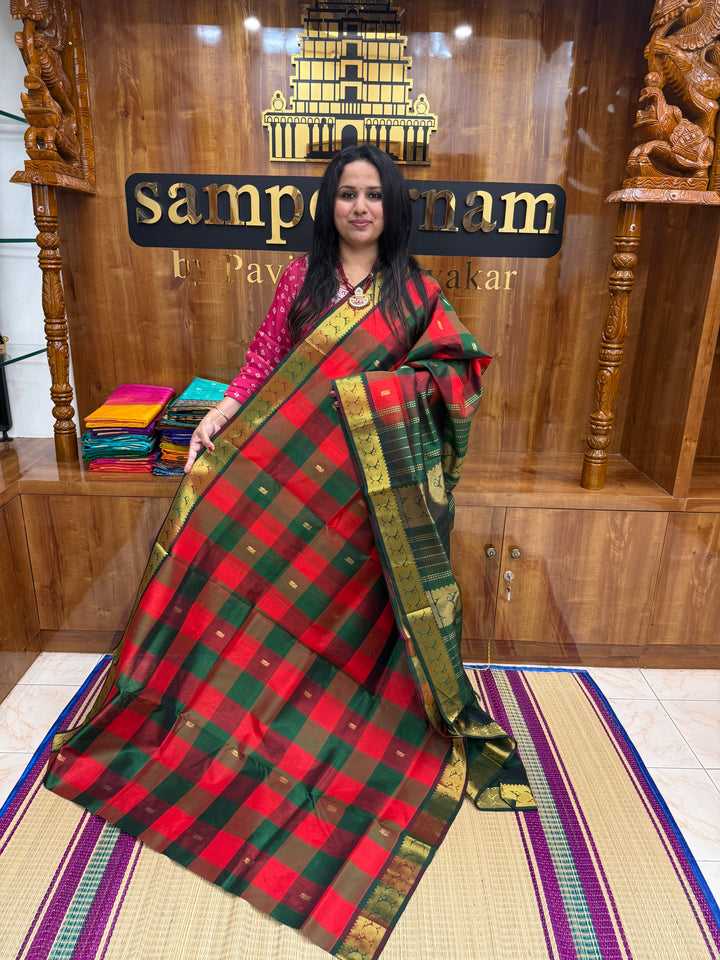 Red , Green , Maroon  with Green , Pallum Pazham checks with rich Mayil butta , traditional borders and  rich Pallu  Silk Cotton Saree