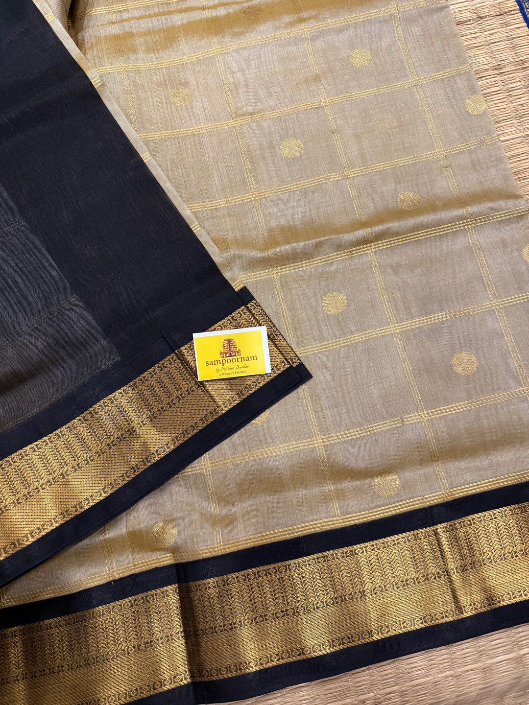 Light Gold with Black Rich Zari Checks with Butta in the Body, Traditional borders and Rich Pallu Korvai Silk Cotton Saree