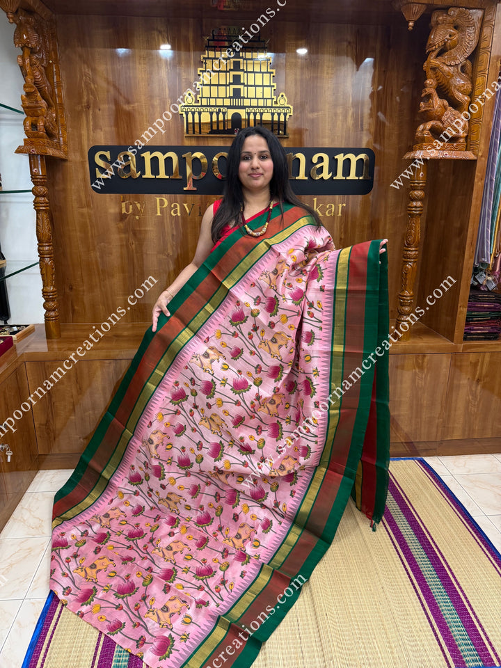 Baby Pink  with Green  , Pichwai  Prints all over the body , Triple Border with Temple design  and Rich Pallu Korvai Silk Cotton Saree