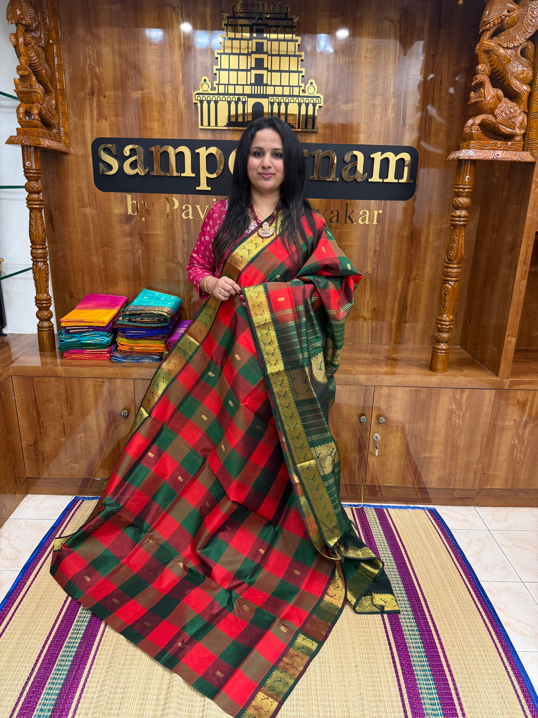 Red , Green , Maroon  with Green , Pallum Pazham checks with rich Mayil butta , traditional borders and  rich Pallu  Silk Cotton Saree