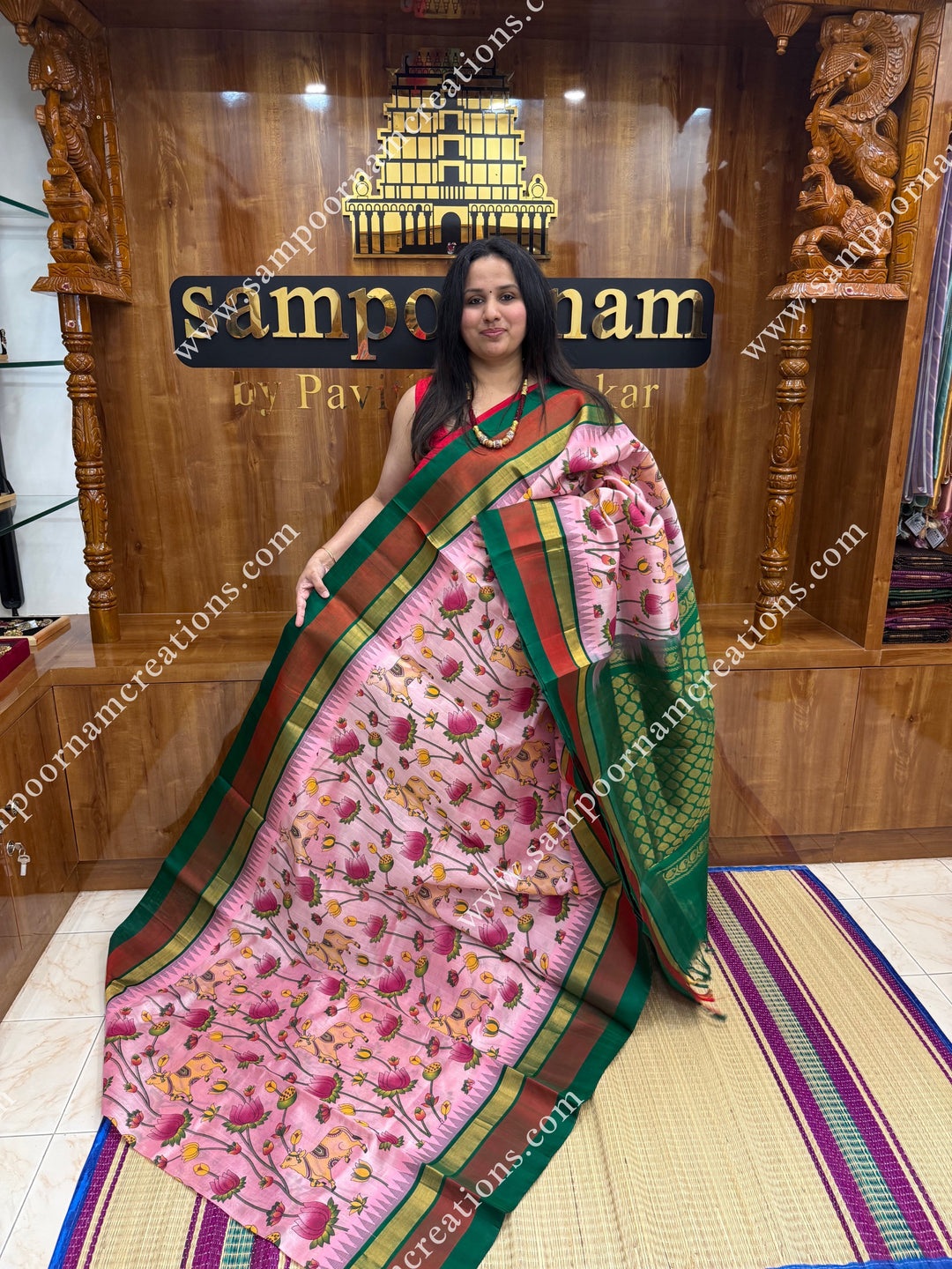 Baby Pink  with Green  , Pichwai  Prints all over the body , Triple Border with Temple design  and Rich Pallu Korvai Silk Cotton Saree