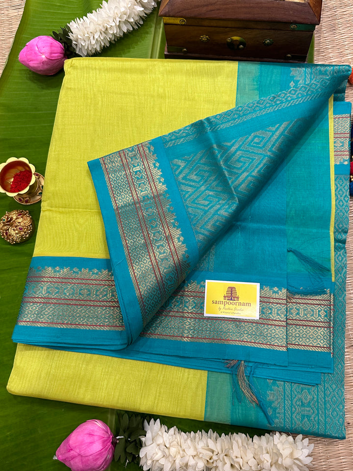 Lemon Yellow with Turquoise Blue Korvai Silk Cotton Saree