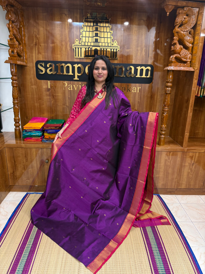 Vadamalli with Magenta , rich Zari butta in the body , Traditional Big Borders and rich Pallu  Silk Cotton Saree