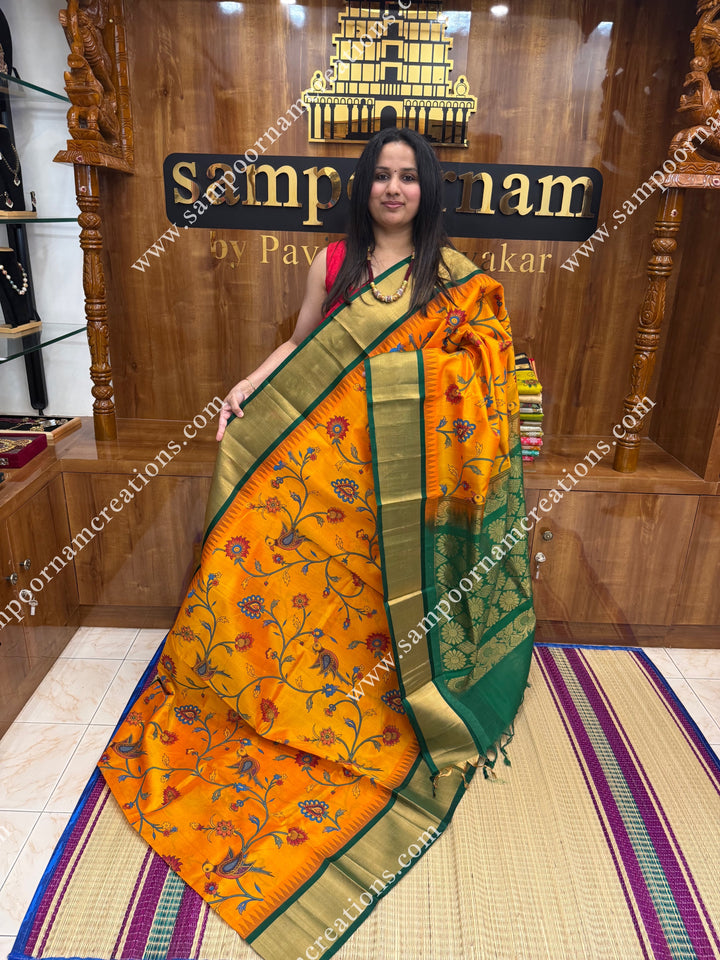 Mambazha Manjal with Dark Green , Floral Madhubani  Prints all over the body , Tissue borders with Temple design and rich Pallu Korvai Silk Cotton Saree