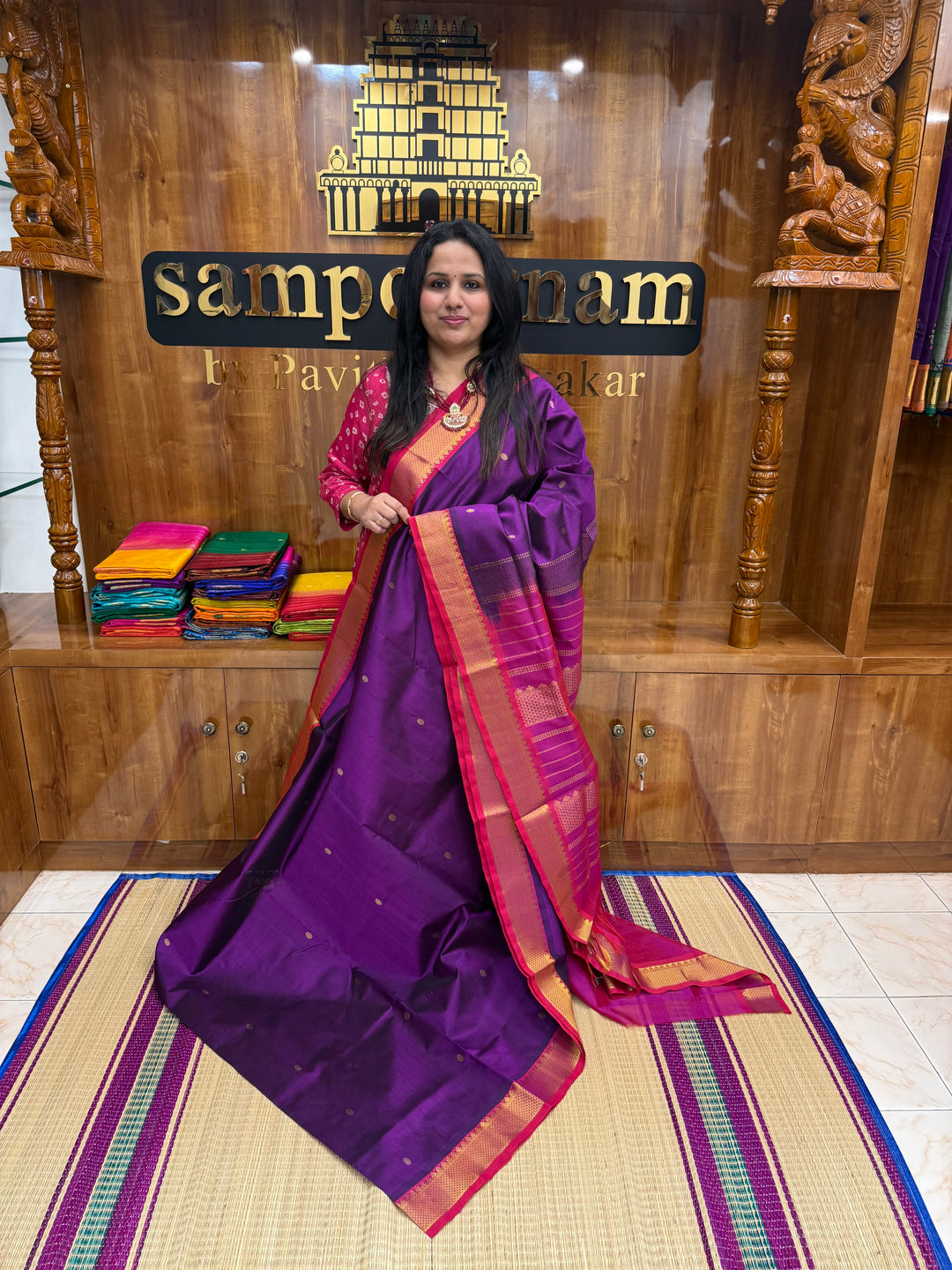Vadamalli with Magenta , rich Zari butta in the body , Traditional Big Borders and rich Pallu  Silk Cotton Saree