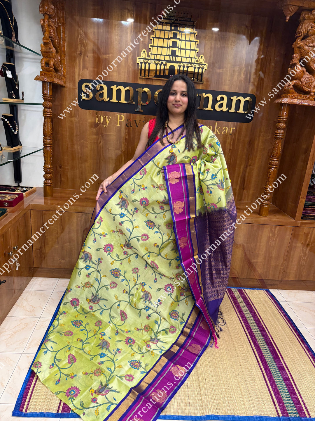 Pastel Green with Blue , Traditional Annam Motifs in the Border and Rich Pallu Korvai Silk Cotton Saree