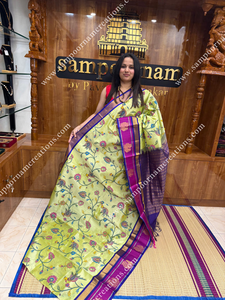 Pastel Green with Blue , Traditional Annam Motifs in the Border and Rich Pallu Korvai Silk Cotton Saree