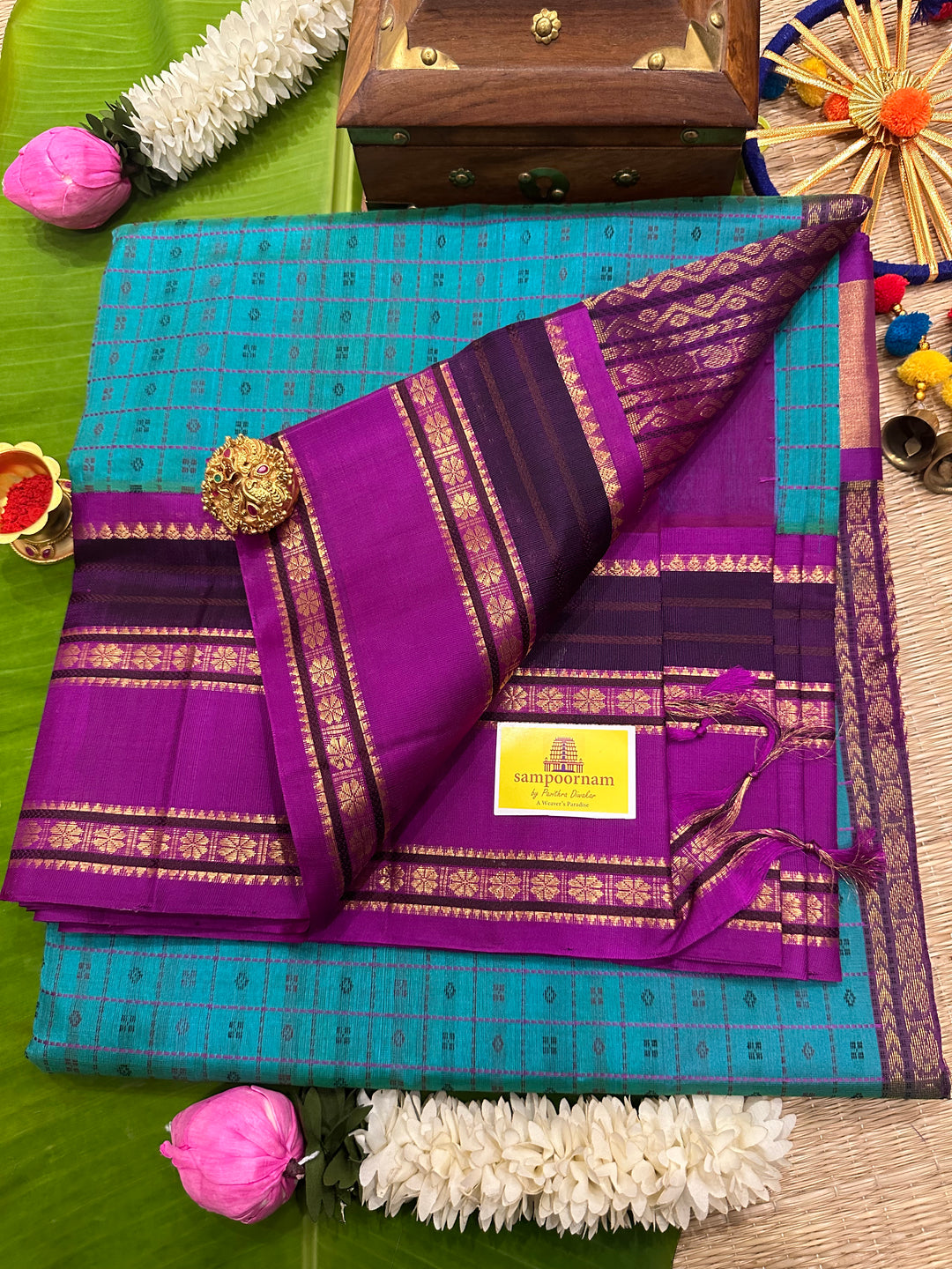 Ramar Blue with Purple Body Lakshadeepam Rich Pallu Korvai Silk Cotton Saree