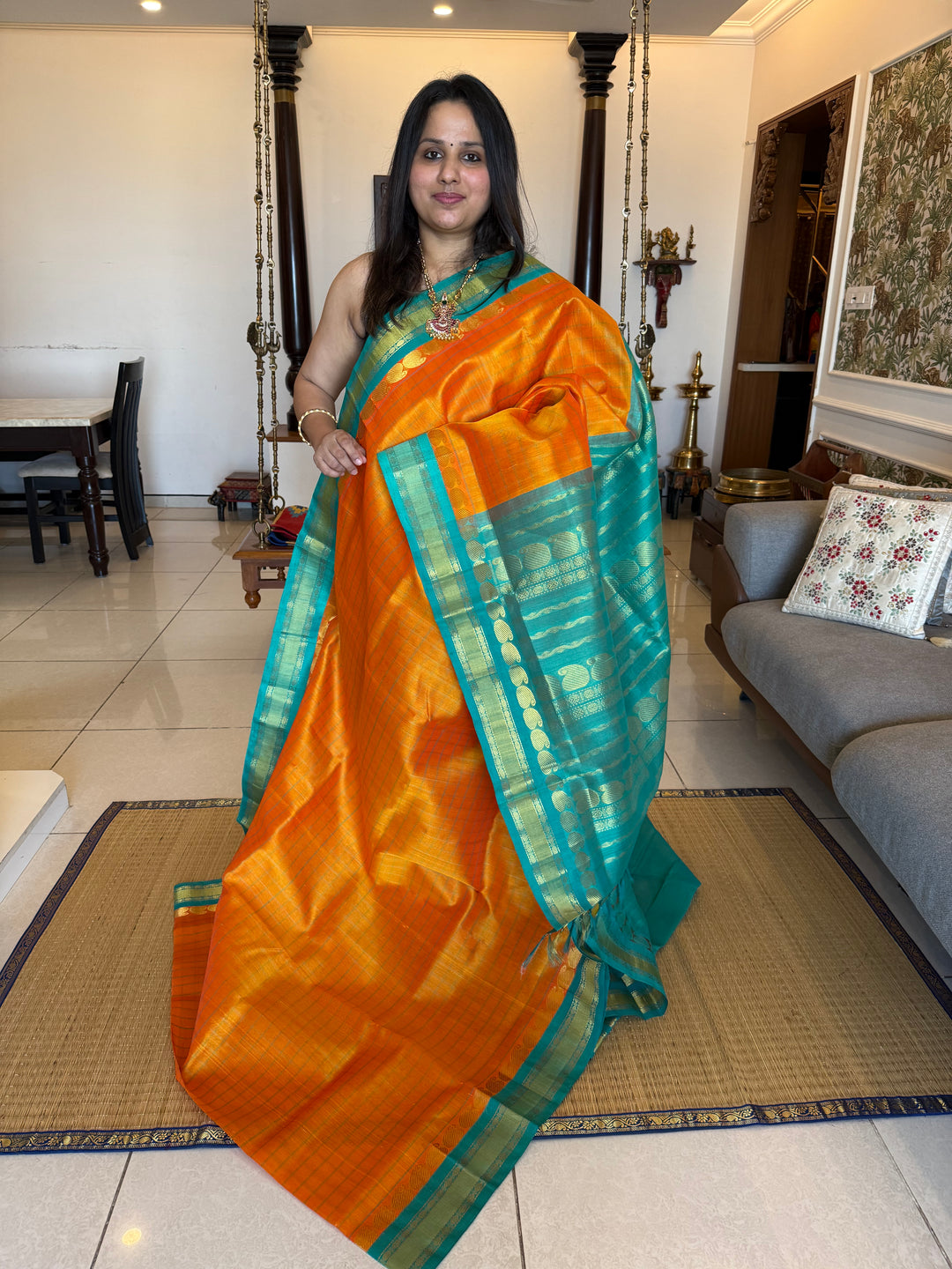 Pastel Fanta Orange with Turquoise Blue, Body Checks, Traditional Border and Rich pallu, Korvai Silk Cotton Saree