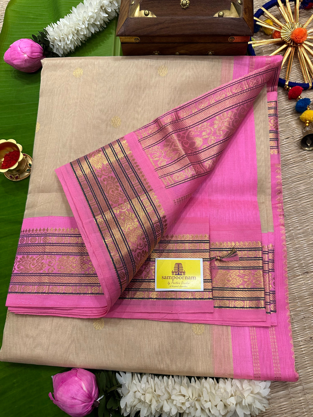 Cream with Baby Pink Body Butta Rich Pallu Korvai Silk Cotton Saree