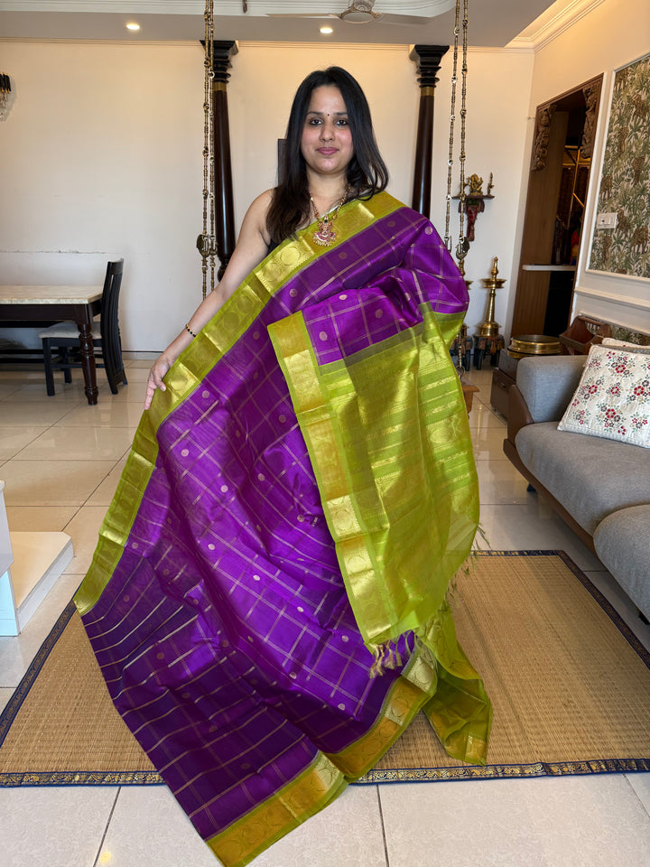 Brinjal Purple with Green , Body Zari Checks with Rich Butta, Traditional Borders and Rich Pallu Korvai Silk Cotton Saree