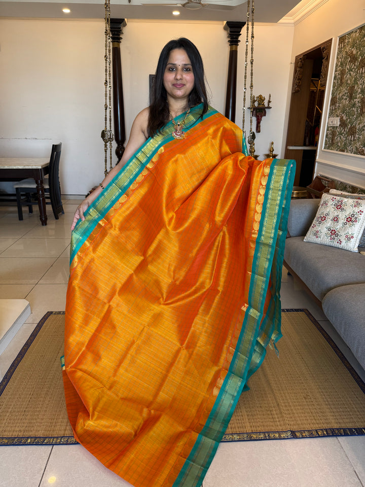 Pastel Fanta Orange with Turquoise Blue, Body Checks, Traditional Border and Rich pallu, Korvai Silk Cotton Saree