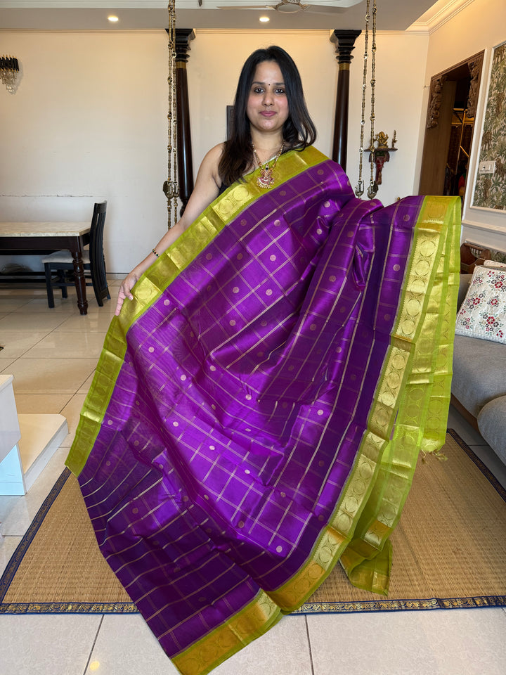 Brinjal Purple with Green , Body Zari Checks with Rich Butta, Traditional Borders and Rich Pallu Korvai Silk Cotton Saree