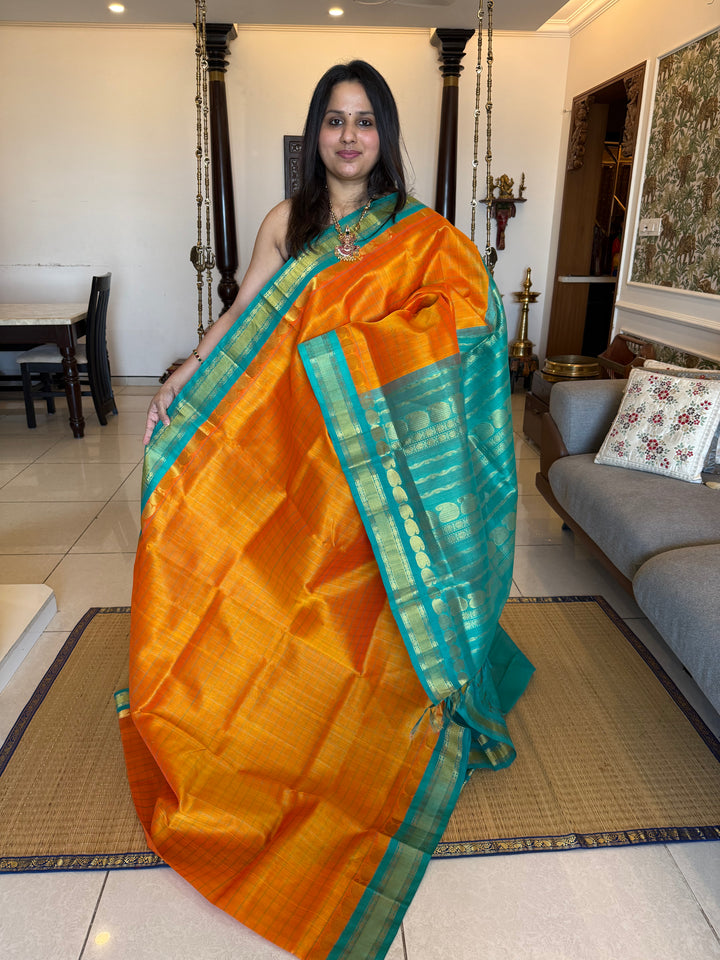 Pastel Fanta Orange with Turquoise Blue, Body Checks, Traditional Border and Rich pallu, Korvai Silk Cotton Saree