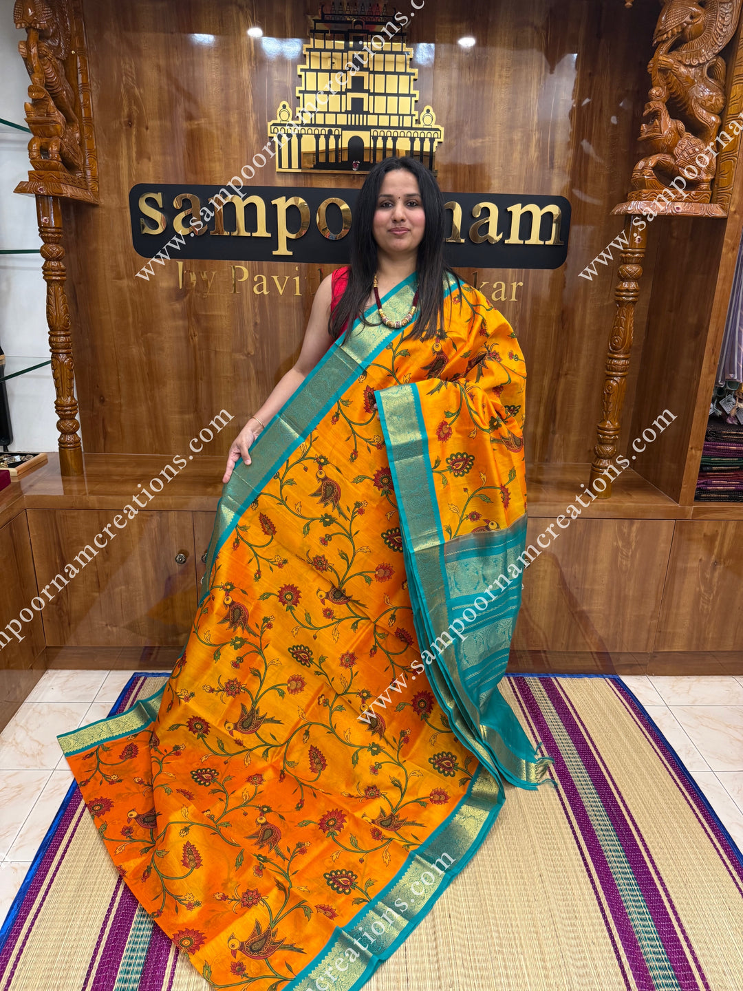Mambazha Manjal with Turquoise Blue , Floral Madhubani  Prints all over the body , Traditional borders and rich Pallu Korvai Silk Cotton Saree