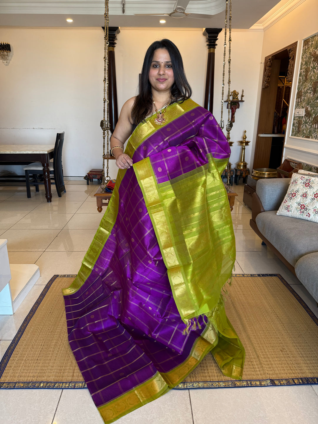 Brinjal Purple with Green , Body Zari Checks with Rich Butta, Traditional Borders and Rich Pallu Korvai Silk Cotton Saree