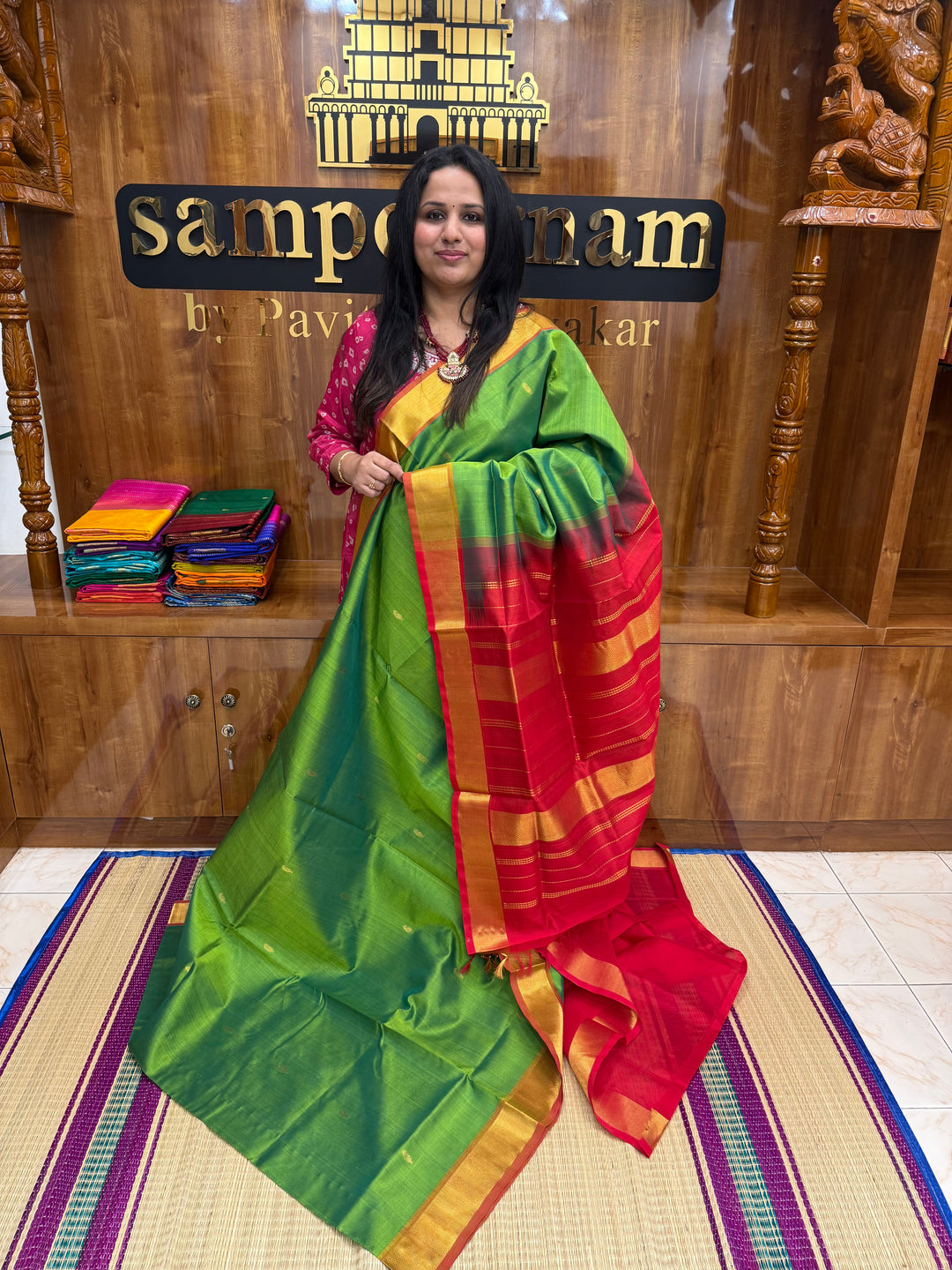 Parrot Green with maroon , rich Mango Zari butta in the body , Traditional Big Borders and rich Pallu  Silk Cotton Saree