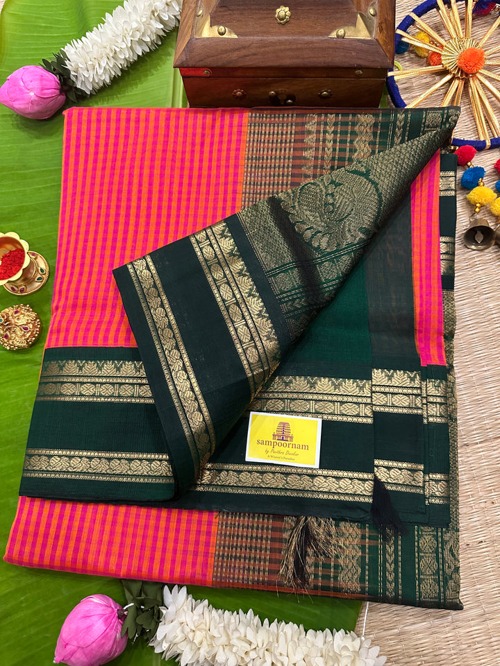 Orange And Magenta Podi Kattam with Green Rettapet Border and Rich Zari Pallu Korvai Silk Cotton Saree