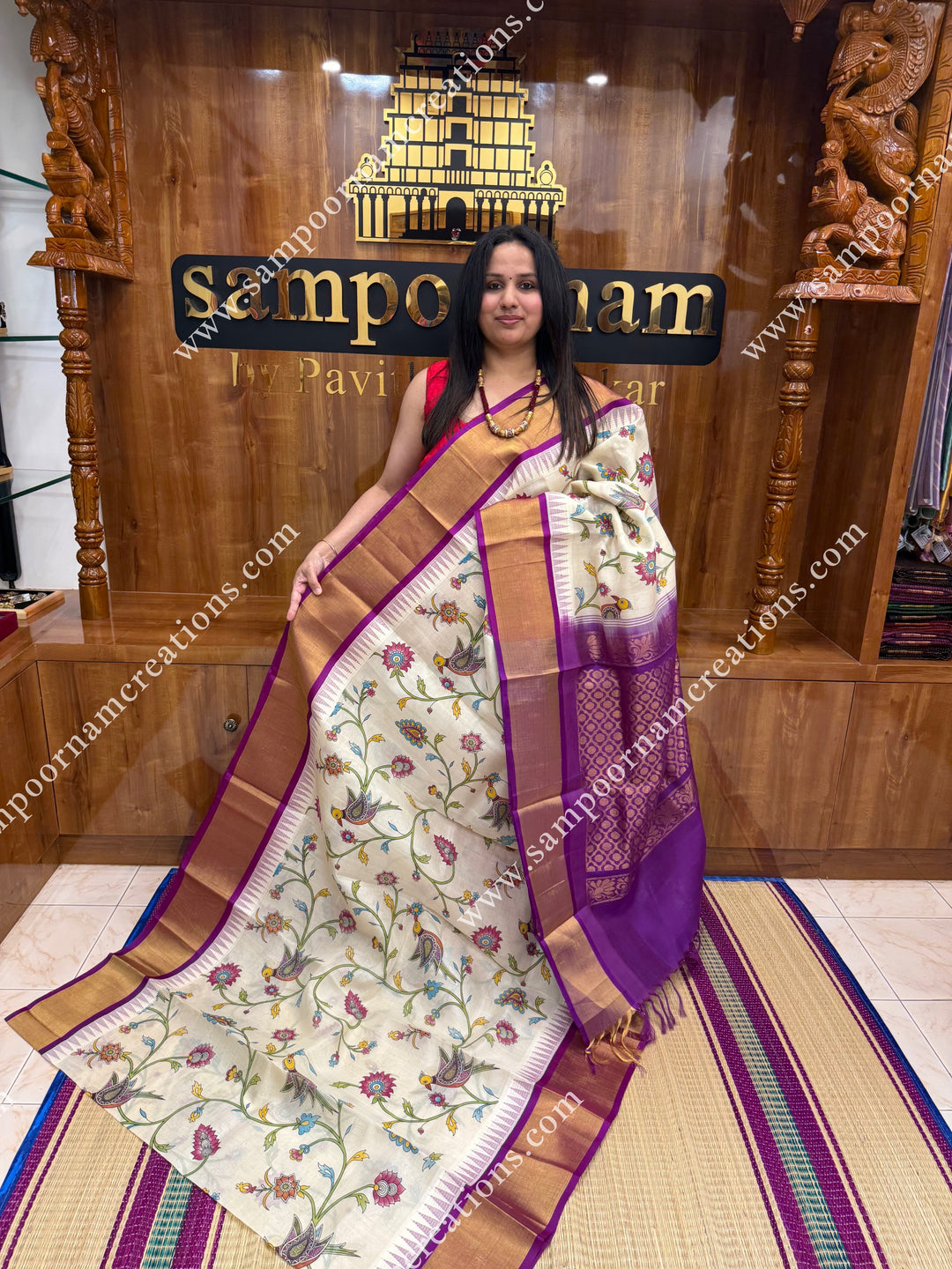 Offwhite with Dark Magenta , Floral Madhubani  Prints all over the body , Tissue Border with Temple design  and Rich Pallu Korvai Silk Cotton Saree