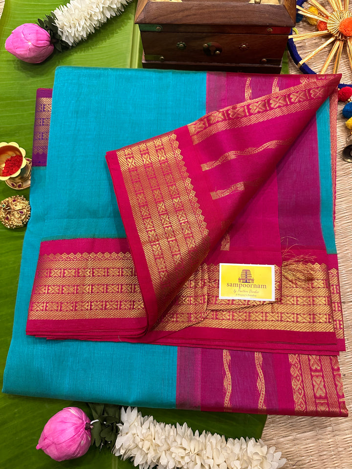 Ramar Blue with GangaJamuna Border ,Pink and Purple Rich Pallu Korvai Silk Cotton Saree