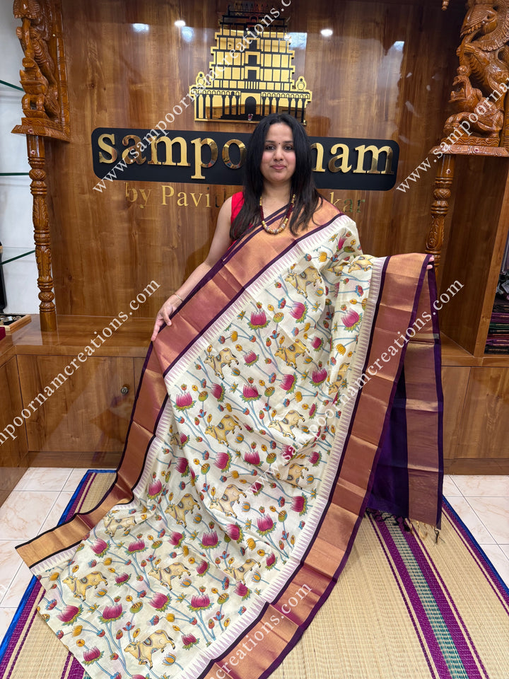 Offwhite with Wine , Temple design with  Traditional Borders and  rich Pallu Pichwai Printed Korvai Silk Cotton Saree