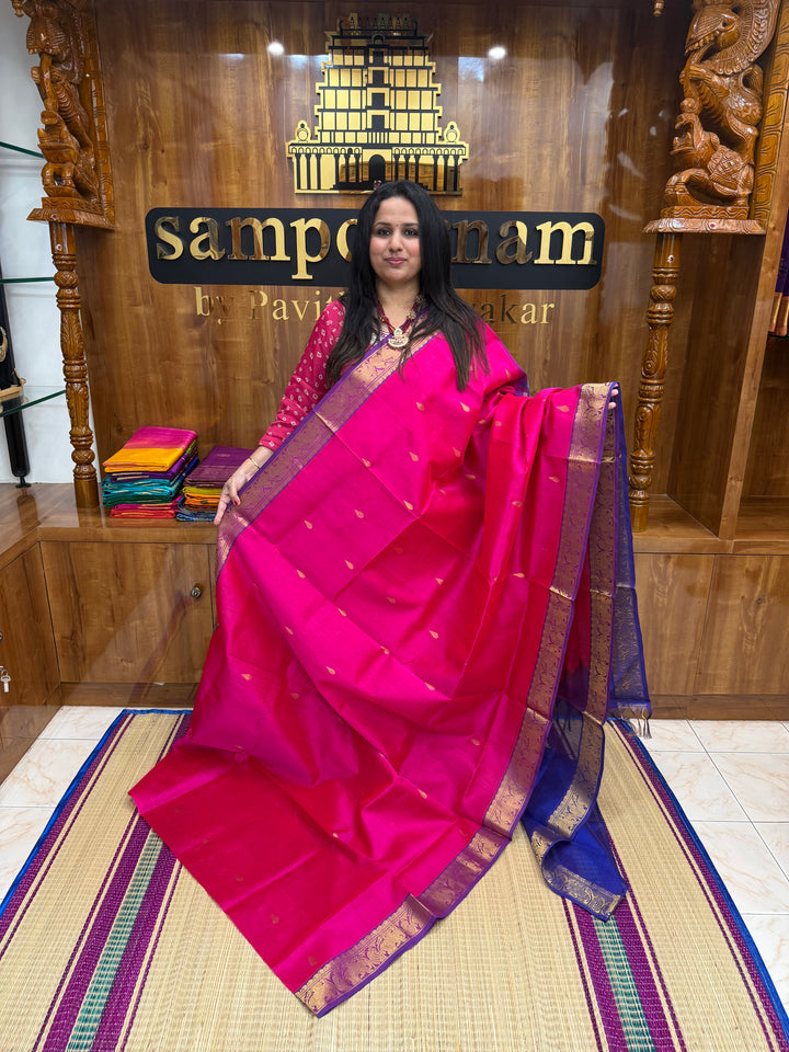 Pink with Indigo Blue  , rich Thilagam Zari butta in the body , Traditional Big Borders and rich Pallu  Silk Cotton Saree