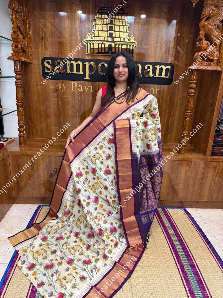 Offwhite with Wine , Temple design with  Traditional Borders and  rich Pallu Pichwai Printed Korvai Silk Cotton Saree