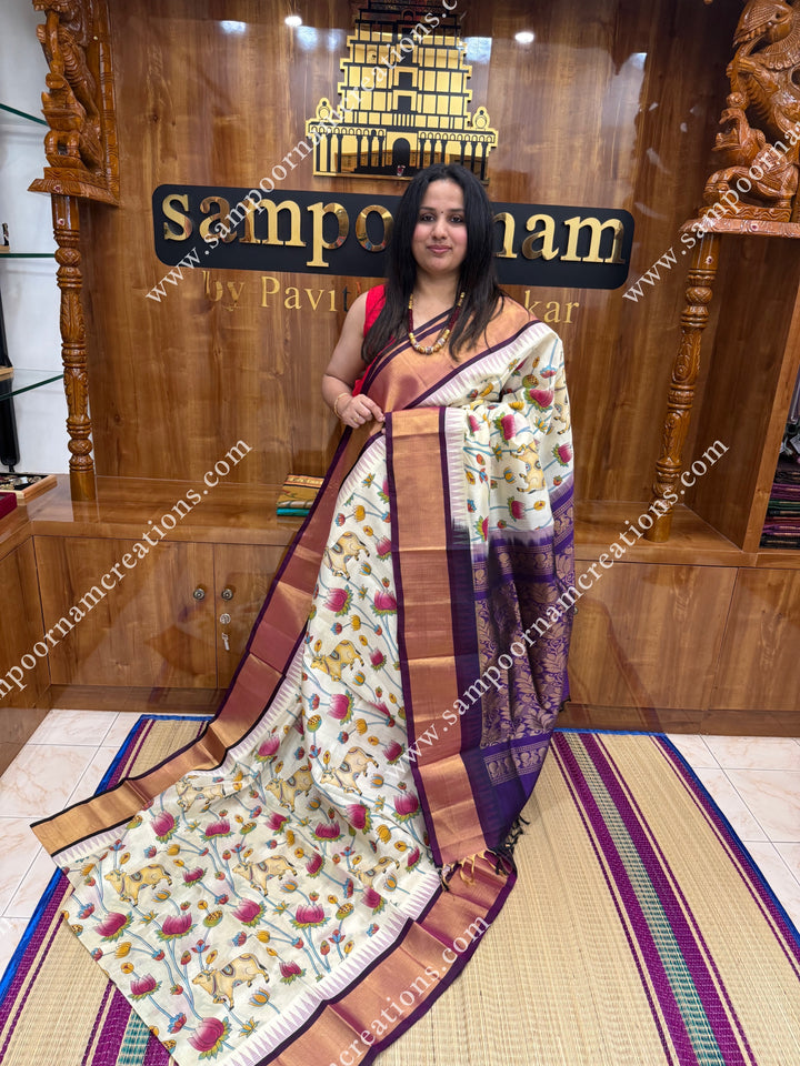 Offwhite with Wine , Temple design with  Traditional Borders and  rich Pallu Pichwai Printed Korvai Silk Cotton Saree