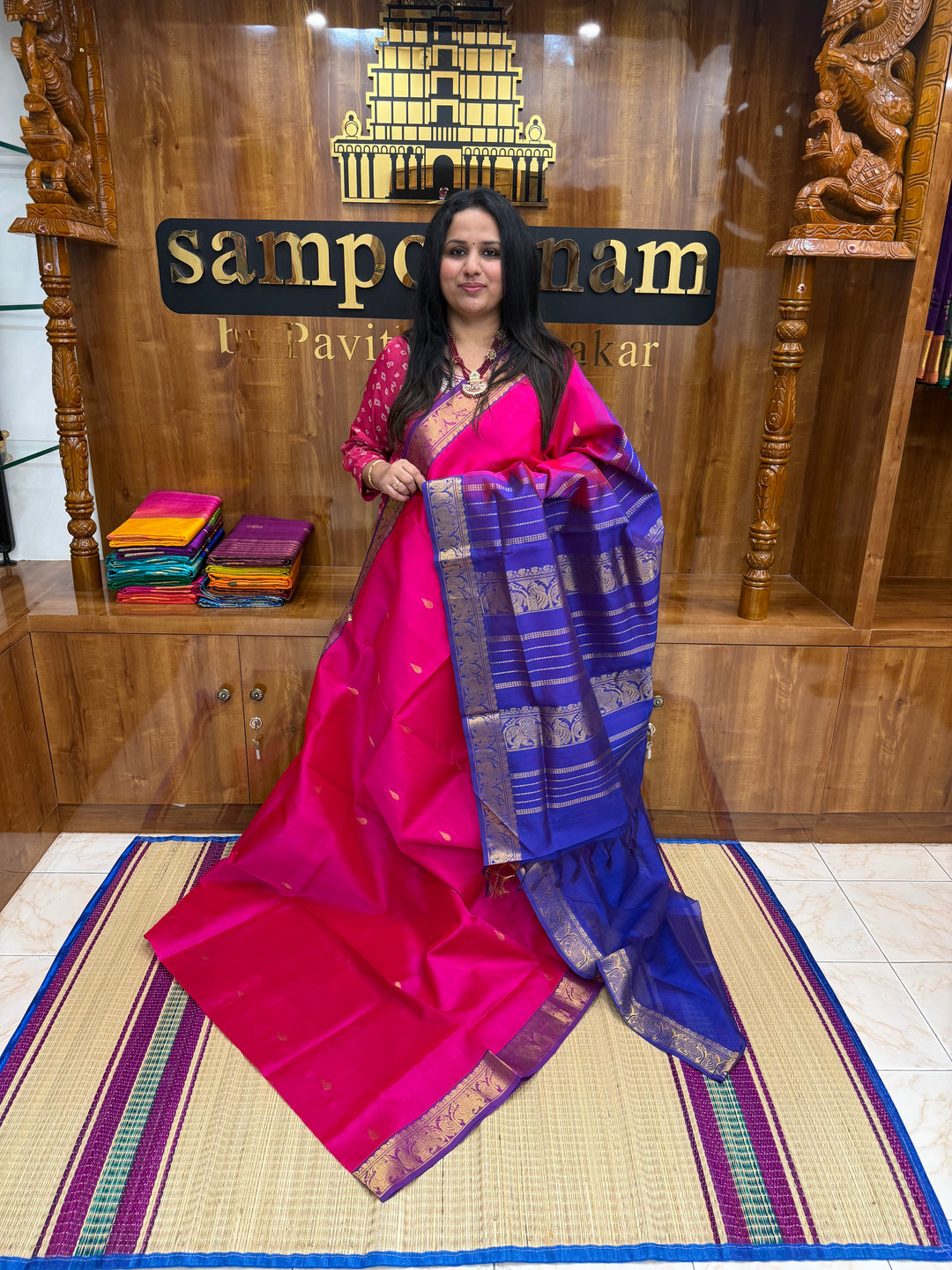 Pink with Indigo Blue  , rich Thilagam Zari butta in the body , Traditional Big Borders and rich Pallu  Silk Cotton Saree