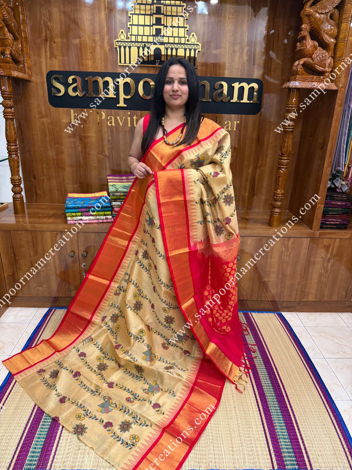 Dark Beige with Red , Floral Madhubani  Prints all over the body , Tissue borders with Temple design and rich Pallu Korvai Silk Cotton Saree