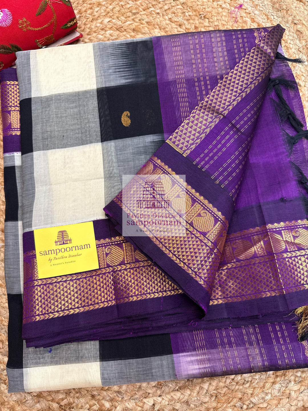 Black and White with Purple , Paalum Pazham Kattam checks with rich butta , traditional borders and rich Pallu Korvai Silk Cotton Saree