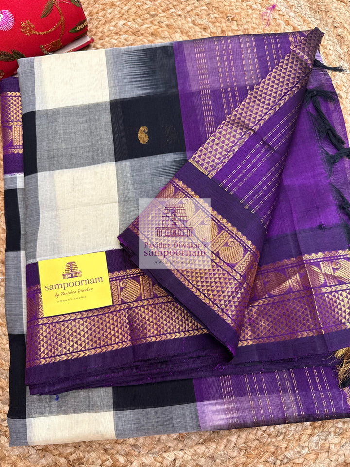 Black and White with Purple , Paalum Pazham Kattam checks with rich butta , traditional borders and rich Pallu Korvai Silk Cotton Saree