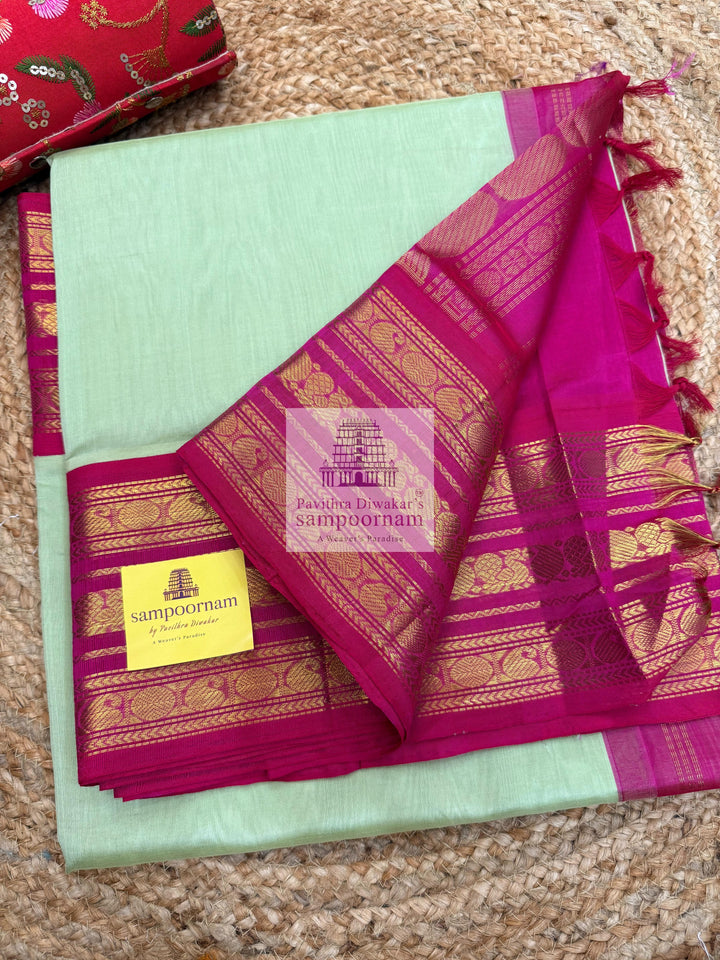 Pastel Green with Pink , Kanchi traditional borders and rich Pallu Korvai Silk Cotton Saree