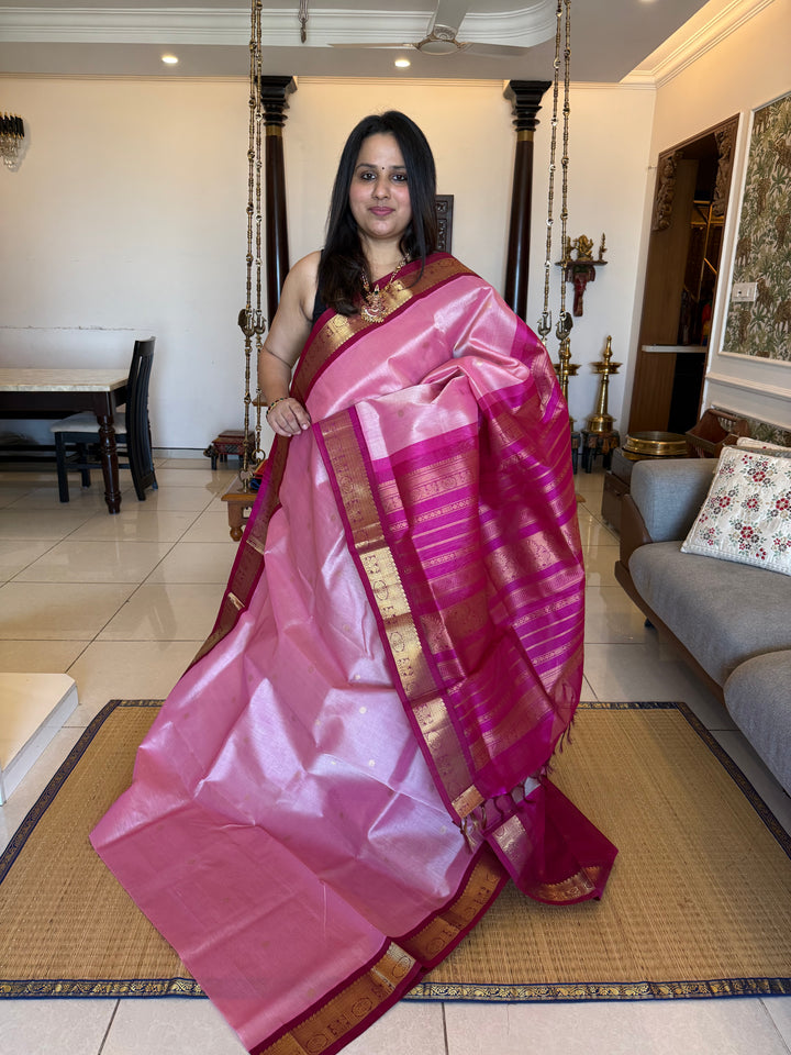 Onion Pink with Dark Pink, Body Zari Butta and Traditional Borders and Rich Pallu Korvai Silk Cotton Saree