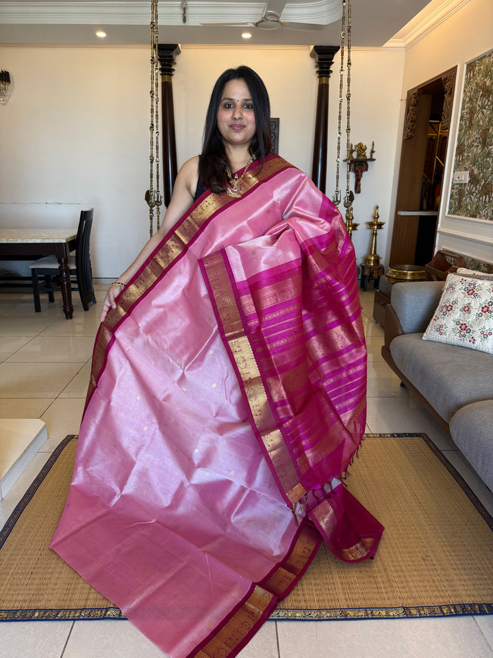 Onion Pink with Dark Pink, Body Zari Butta and Traditional Borders and Rich Pallu Korvai Silk Cotton Saree